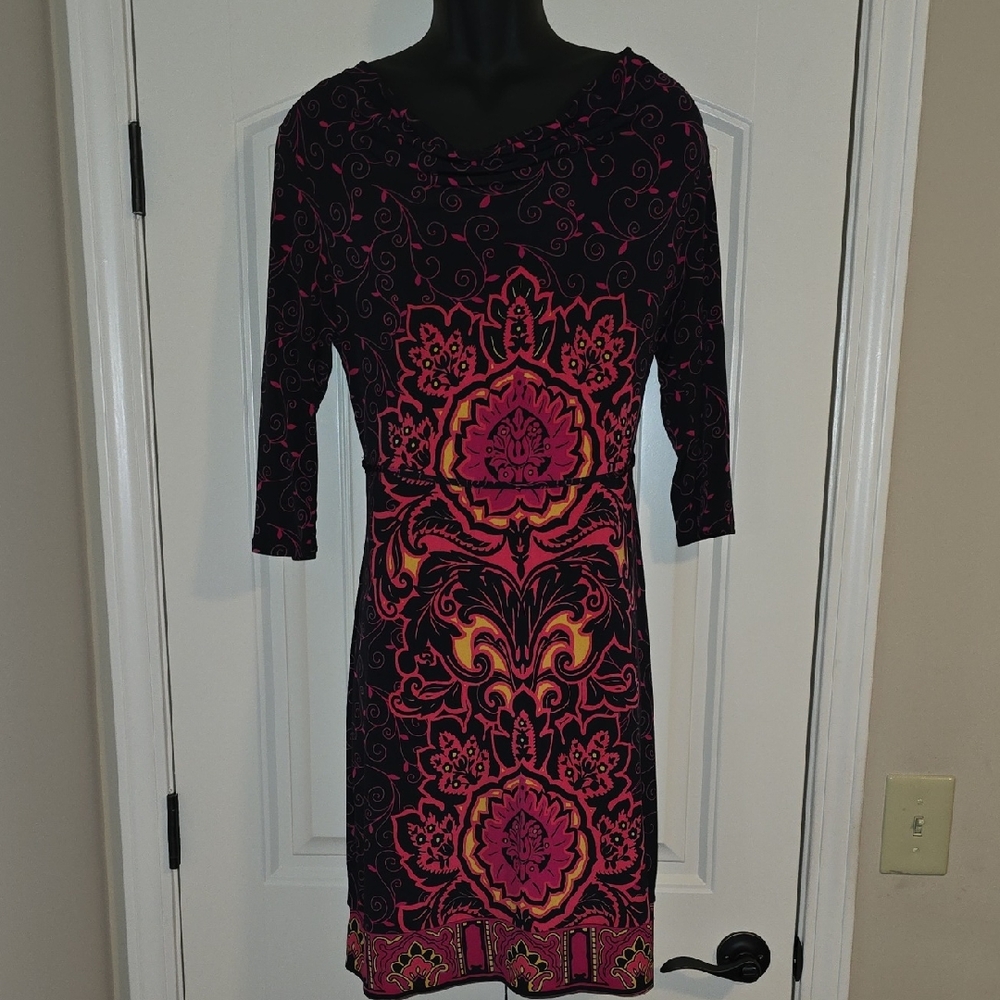 Elegant Black Yellow and Pink Patterned Dress